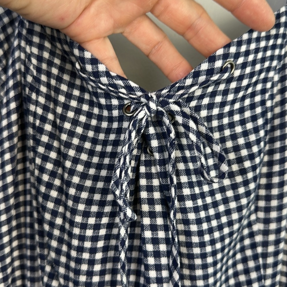 NEW Dress Forum Puff Sleeve Blue Gingham Mini Ruffle Hem Dress Lg Viscose Lined - Picture 7 of 16